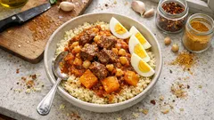 Couscous au potiron et pois chiches : une sauce tomate épicée, simple à mijoter