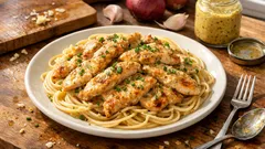 Aiguillettes de poulet à l’ail et moutarde de Dijon : sauce crémeuse pour spaghettis
